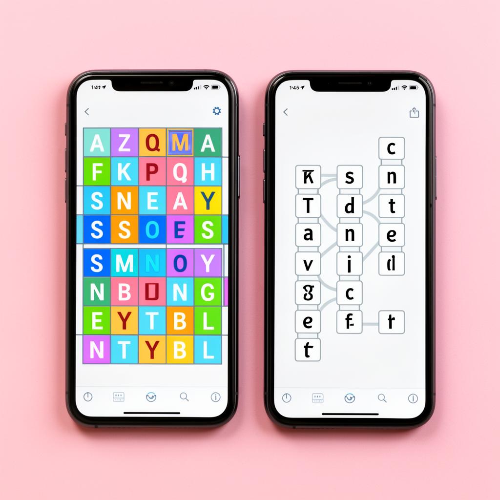 Two phones side by side: a colourful letter grid and a word chain puzzle.