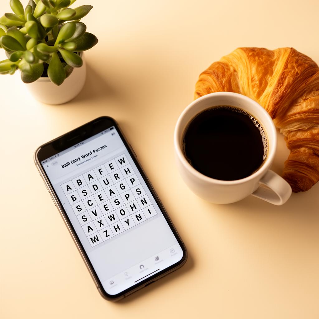 A daily word puzzle on a phone with coffee and a croissant.