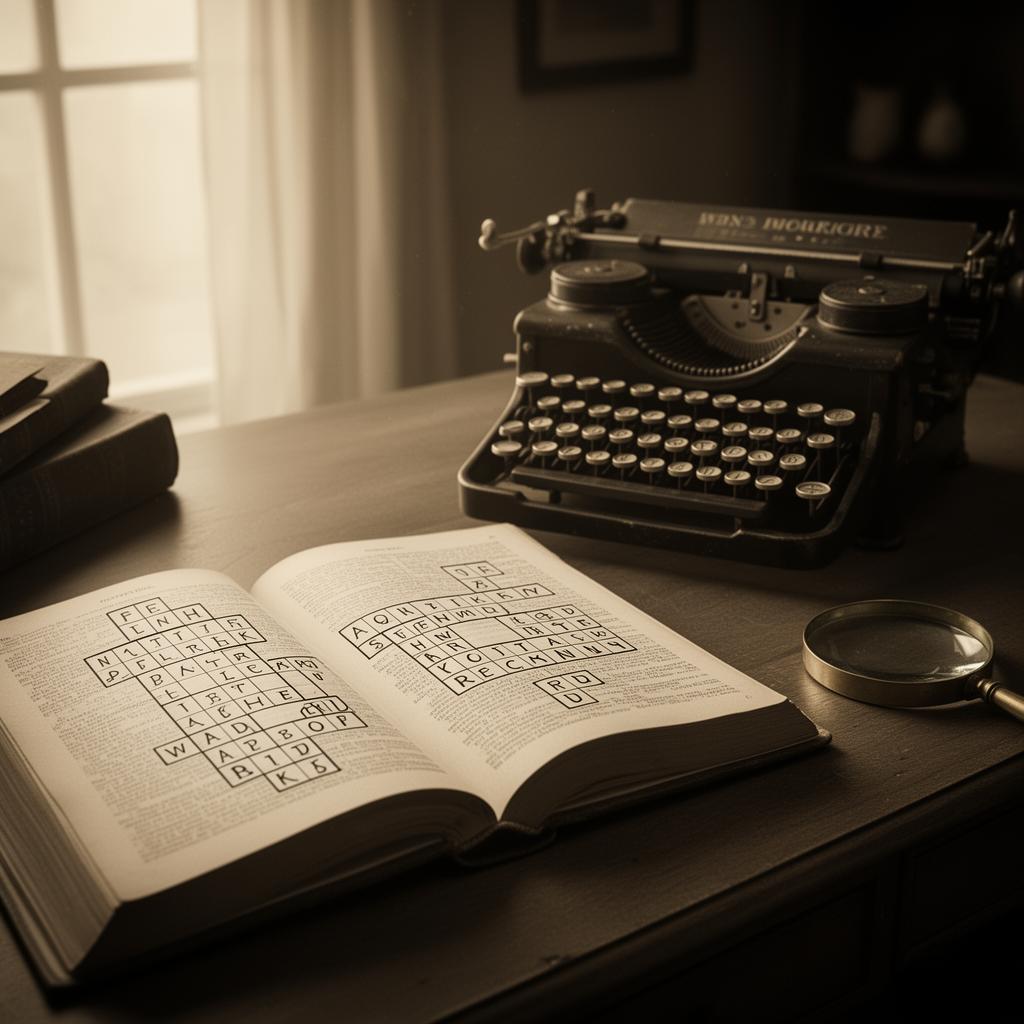An open puzzle book beside a vintage typewriter and magnifying glass.