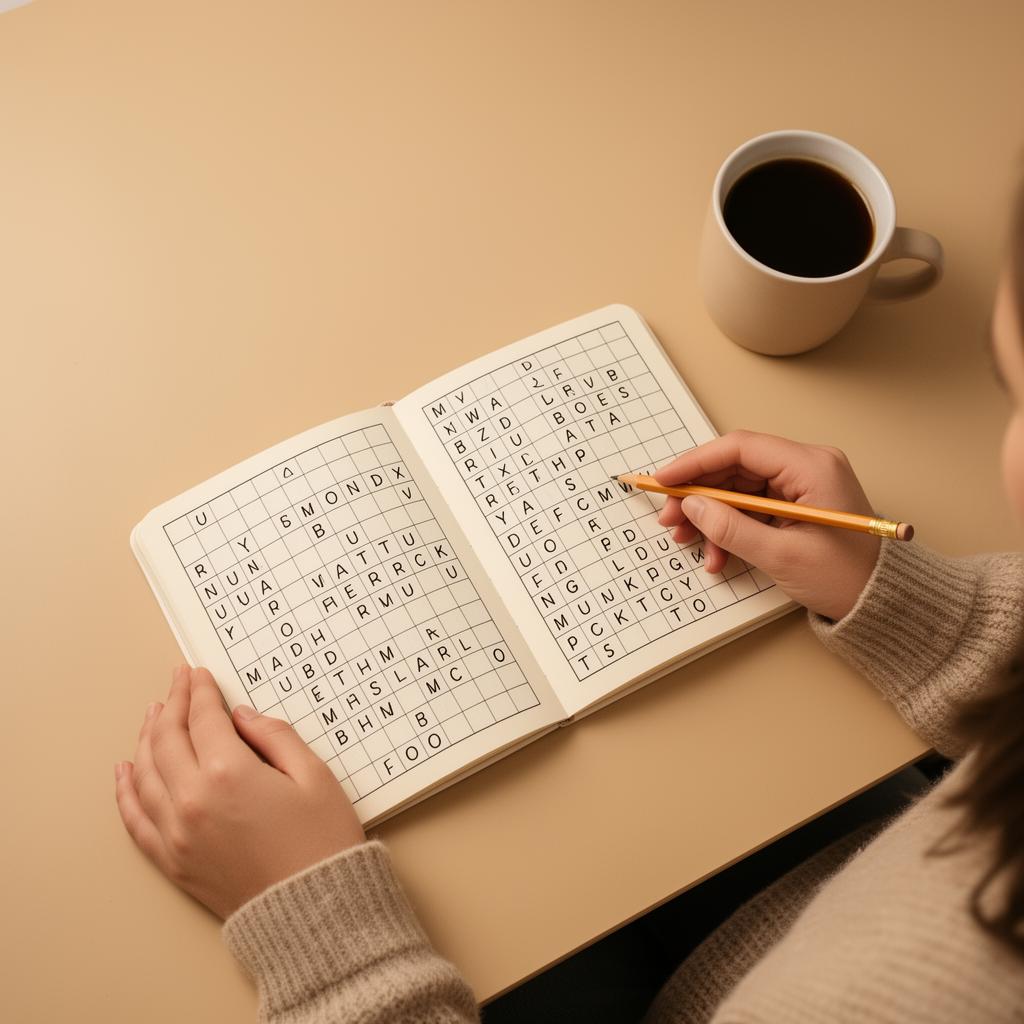 Solving a word puzzle in a notebook over morning coffee.